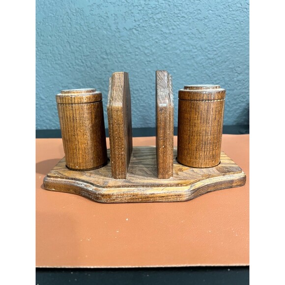 Vintage Oak Wood Napkin Holder Salt and Pepper Shaker Set USA Cornwall - Picture 1 of 6